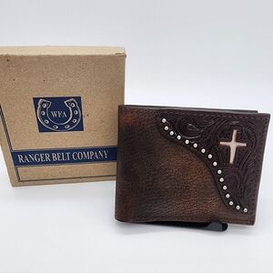 Ranger Western Dark Brown Leather Bifold Wallet Cowhide Inlay Cross Silver Stud